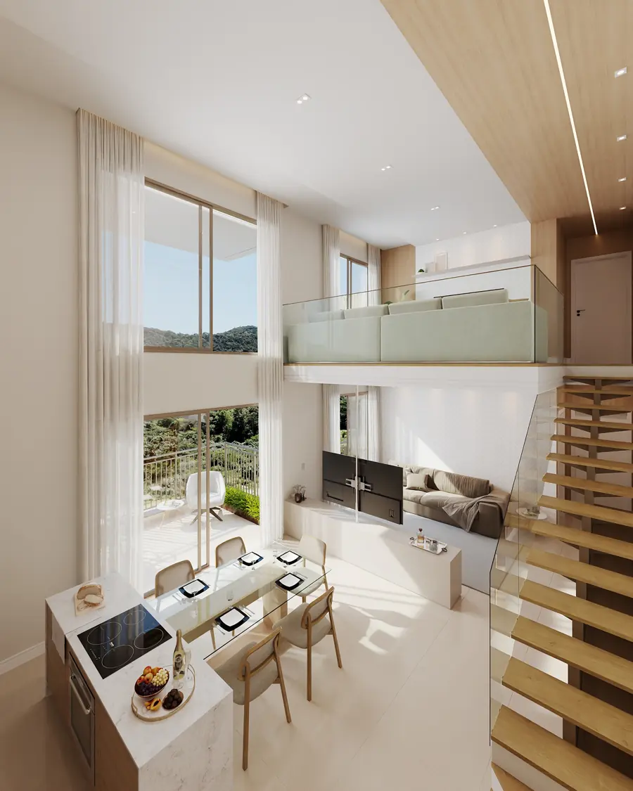 Estar do duplex, com mezanino