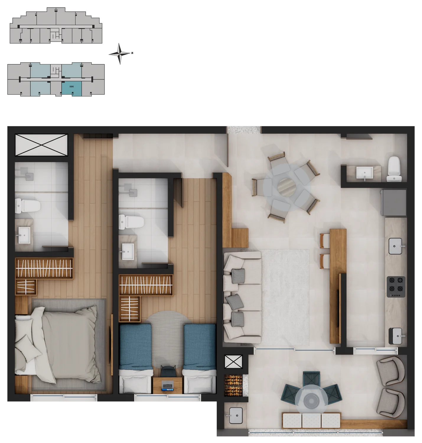 Planta humanizada: 2 dormitórios, Apartamento 306 · Torre B